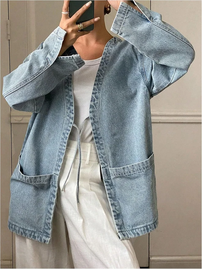 Oversized Bow Tie Front Denim Jacket V Neck Long Sleeve Jean by OYOANGLE, photograph 4 of 4