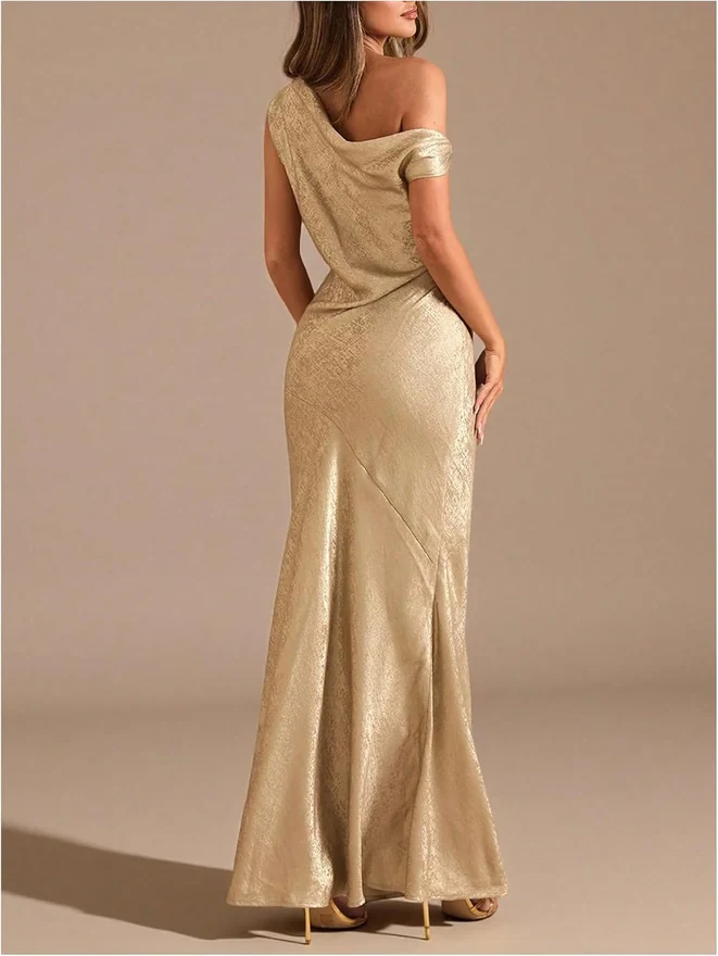 Metallic Off The Shoulder Bodycon Fishtail Maxi Dress by OYOANGLE, photograph 2 of 3