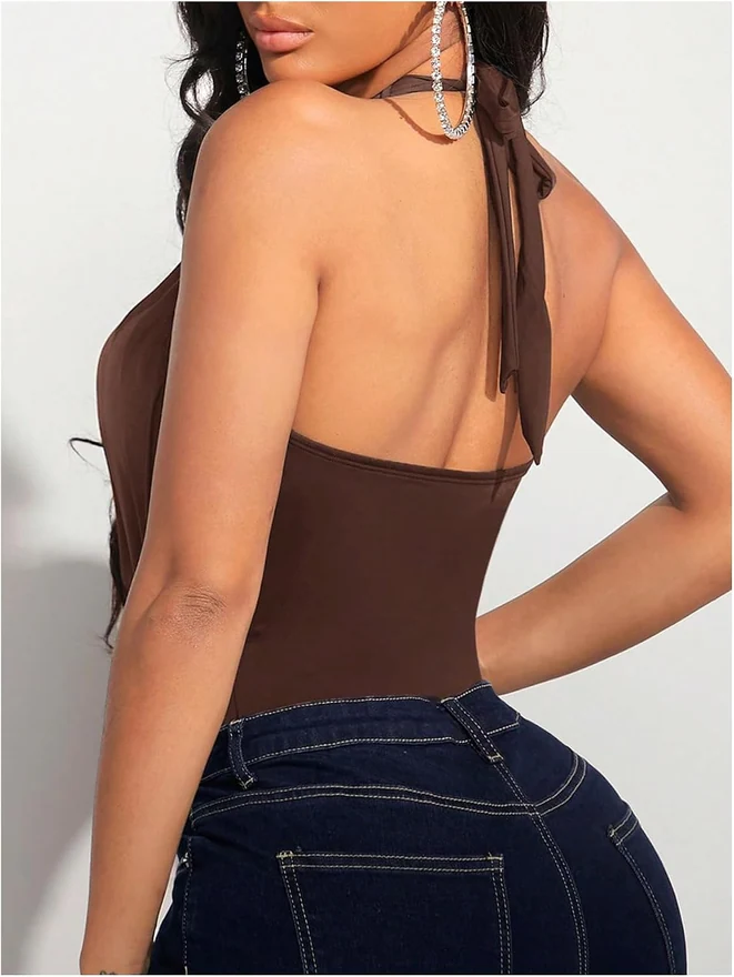 Draped Halter Bodysuits Backless Tank Top Bodysuit by OYOANGLE, photograph 3 of 4