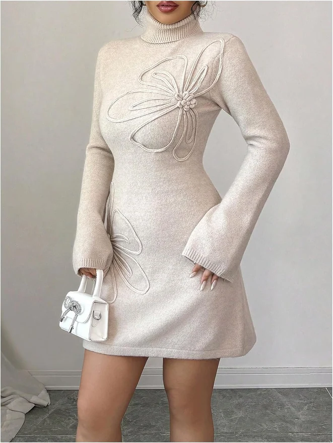 3D Floral Bell Long Sleeve Sweater High Neck Mini Dresses by OYOANGLE, photograph 4 of 4