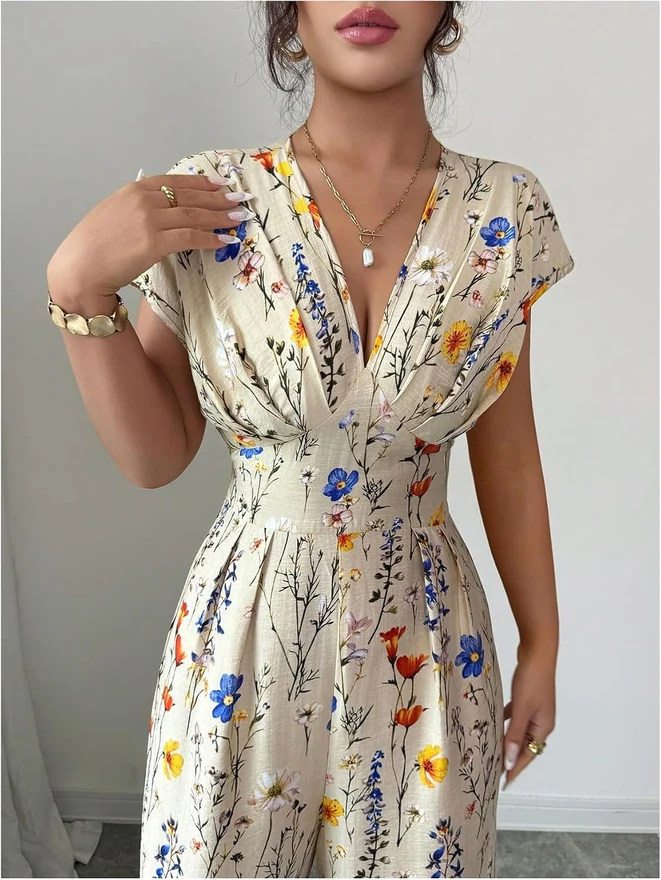 Summer Floral Cinched Waist Jumpsuits Cap Sleeve Rompers by OYOANGLE, photograph 2 of 3