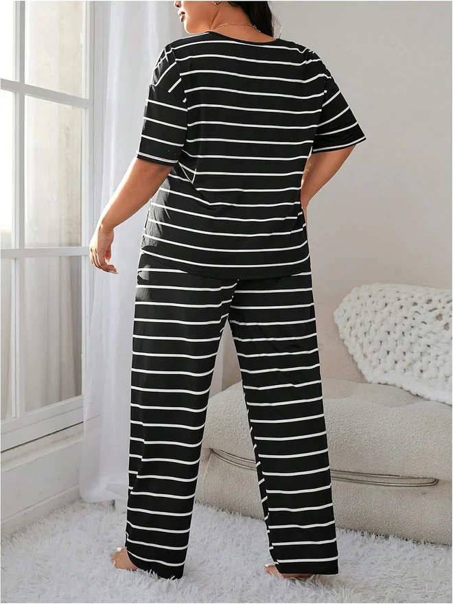Plus Size Striped Pajama Set Short Sleeve Tee Top by OYOANGLE, photograph 2 of 3