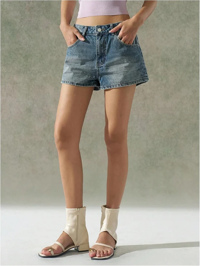 Baggy Jean Shorts Stretchy Mini Denim Shorts with Pocket by OYOANGLE, photograph 3 of 4