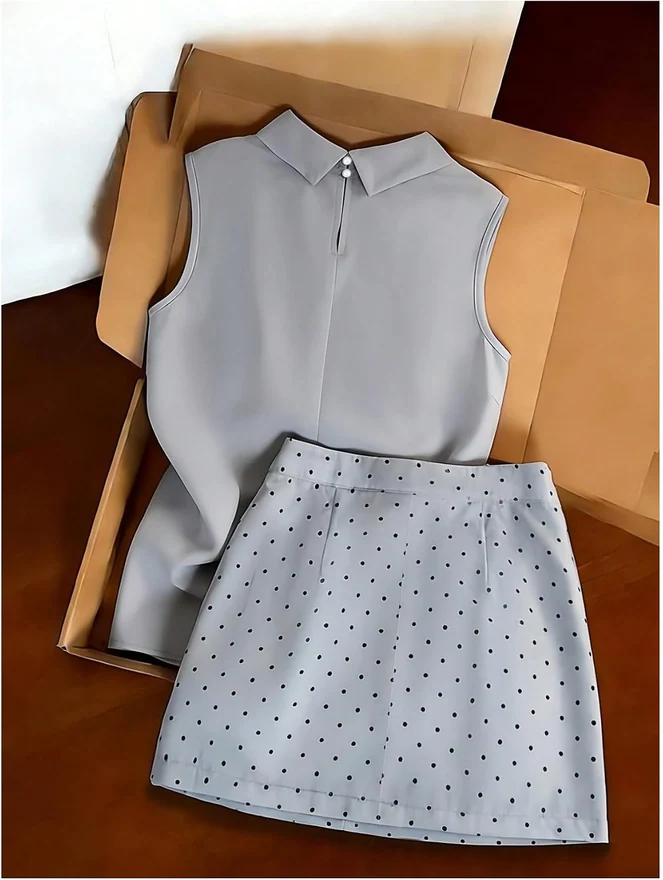 2 Piece Skirt Set Bow Tie Sleeveless Blouse and Polka Dots Mini by OYOANGLE, photograph 2 of 4