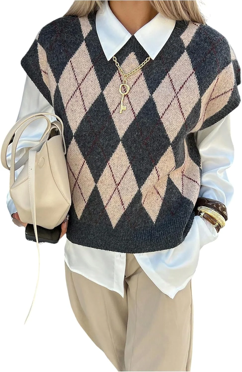 Sweater Vest Sleeveless Argyle Pullover Tops Grey by OYOANGLE, photograph 1 of 4
