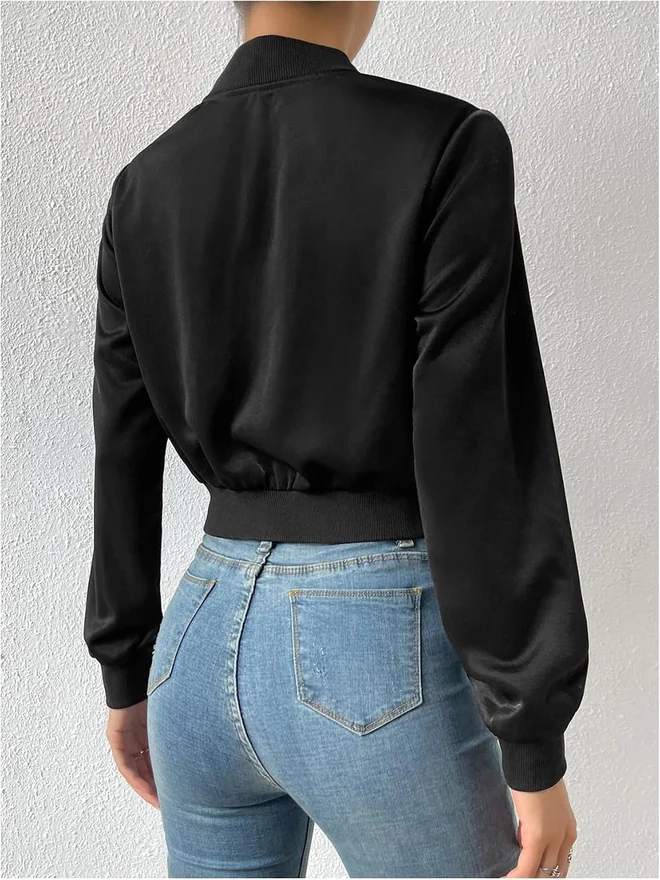 Cropped Bomber Jacket Long Sleeve Zip Up Baseball Collar Fall by OYOANGLE, photograph 3 of 4