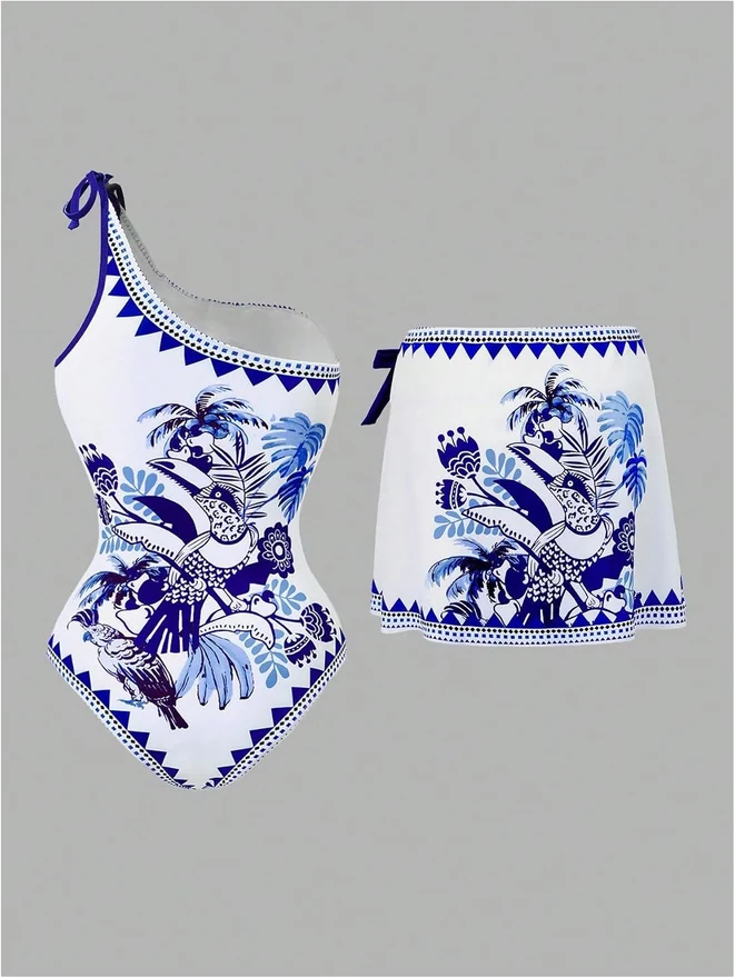 Graphic One Shoulder One Piece Swimsuit with Cover Up by OYOANGLE, photograph 4 of 4