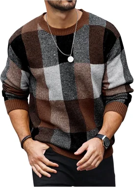 Colorblock Plaid Long Sleeve Crew Neck Sweater Pullover Tops in Coffee Brown