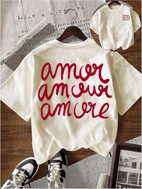 Graphic Tees Letter Print Short Sleeve Tee Shirt Drop Shoulder in Apricot