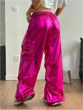 Metallic Pants High Waisted Y2K Cargo Pants Streetwear in Hot Pink