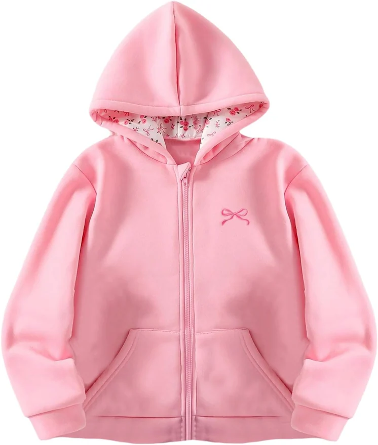 Girl's Floral Bow Print Hoodies Zip Up Long Sleeve Sweatshirt by OYOANGLE, photograph 2 of 4