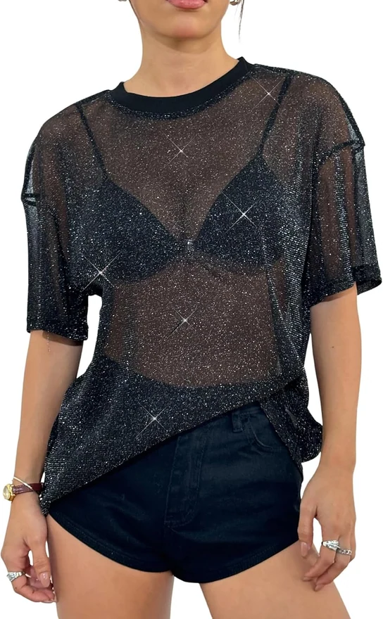 Sparkly Glitter Rave Concert Outfits Sheer Going Out Top Y2K by OYOANGLE