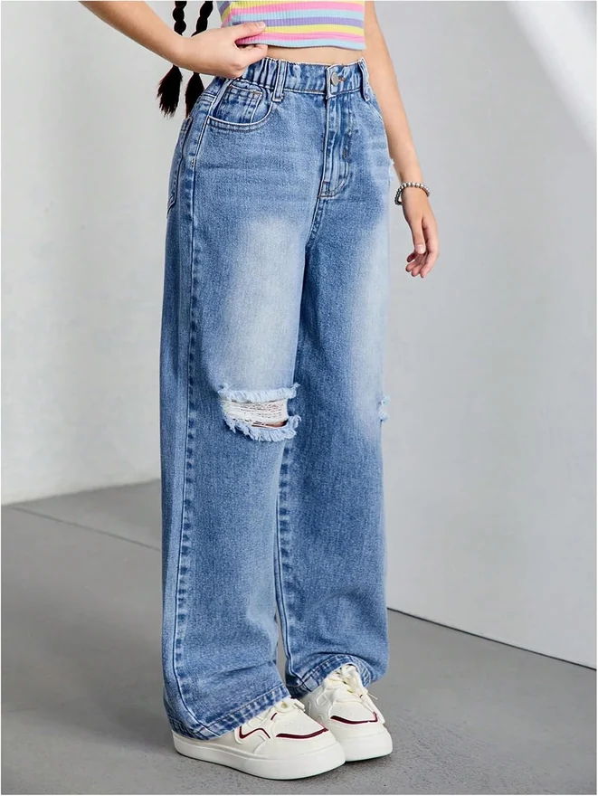 Girl's Ripped Jeans Zipper Fly Wide Leg Denim Pants Cute Baggy by OYOANGLE, photograph 3 of 3