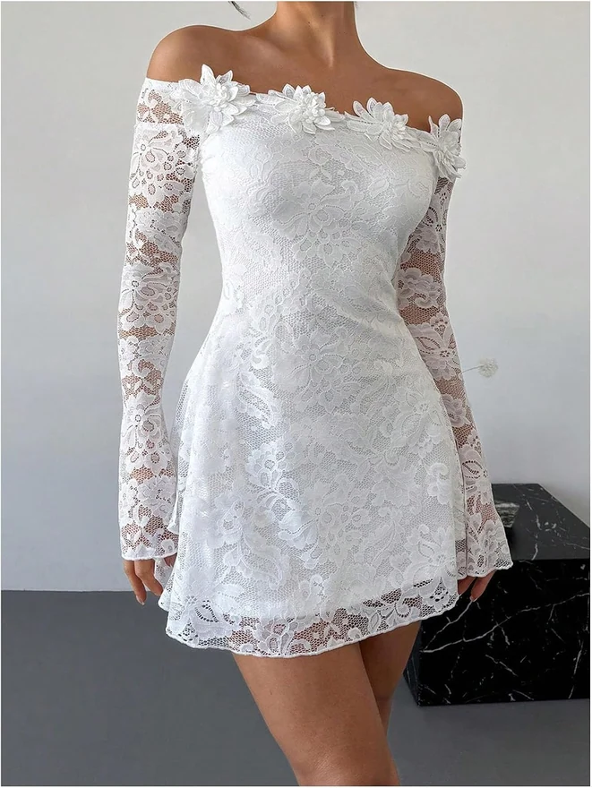 3D Floral Mesh Off the Shoulder Long Bell Sleeve Short Dress by OYOANGLE, photograph 3 of 3