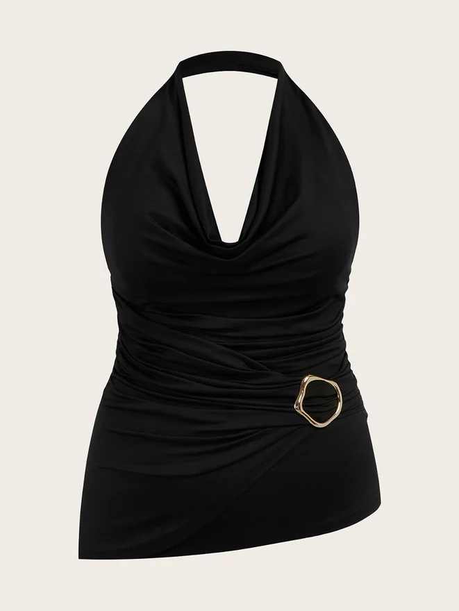 Plus Size Sleeveless Open Back Halter Top Cowl Neck Ruched Metal by OYOANGLE, photograph 4 of 4