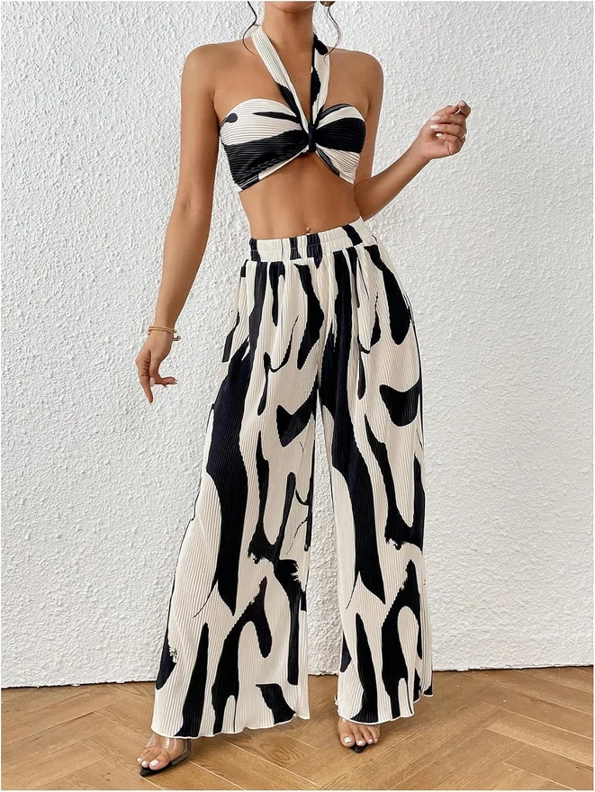 2 Piece Graphic Halter Top Wide Leg Pants Vacation Outfits by OYOANGLE, photograph 2 of 3