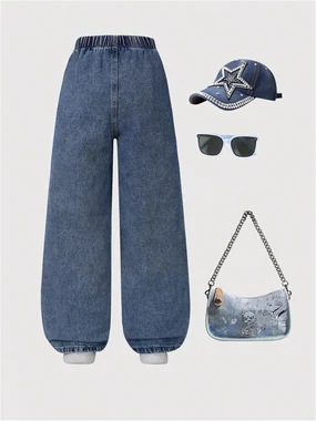 Girl's Star Wide Leg Baggy Jeans Y2K Elastic Waist Denim Pants in Medium Wash