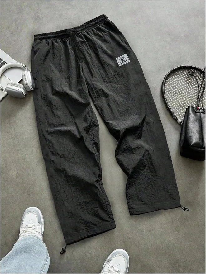 Letter Patched Y2K Baggy Pants Drawstring Waist Track Pants with by OYOANGLE, photograph 2 of 2