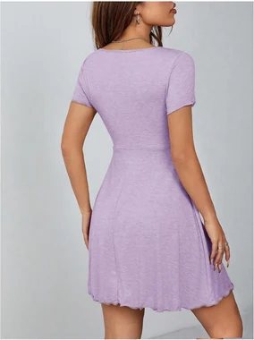 Summer Casual Short Sleeve Drawstring Front Tshirt Dress in Mauve Purple