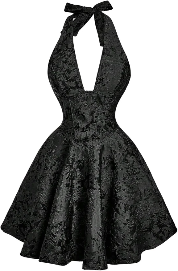 Floral Jacquard Halter Bow Mini Dress Black by OYOANGLE
