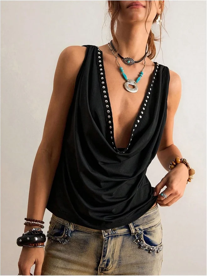 Studded Cowl Neck Tank Top Ruched Open Back Y2K Gothic Rave by OYOANGLE, photograph 3 of 3