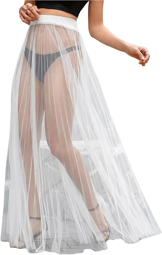 Sheer Mesh Flowy High Waist A Line Long Maxi Skirts White by OYOANGLE