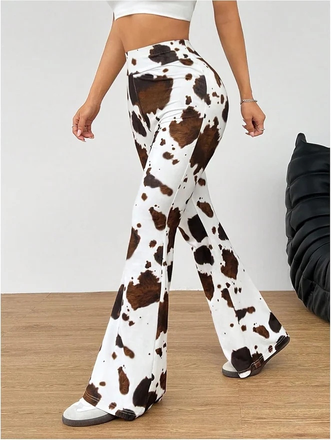 Cow Print High Waisted Pants Y2k Western Festival Trousers by OYOANGLE, photograph 2 of 3