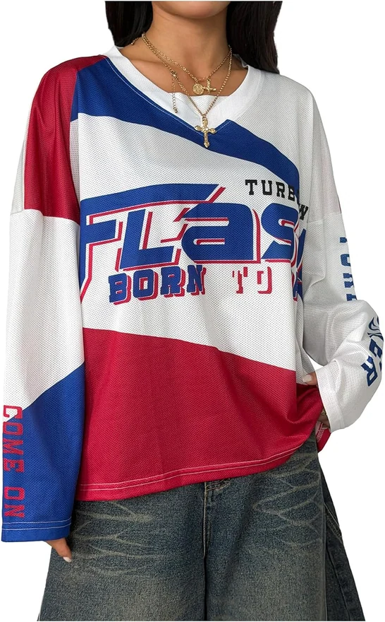 Color Block Letter Graphic Y2K Jersey Shirts Oversized Long by OYOANGLE