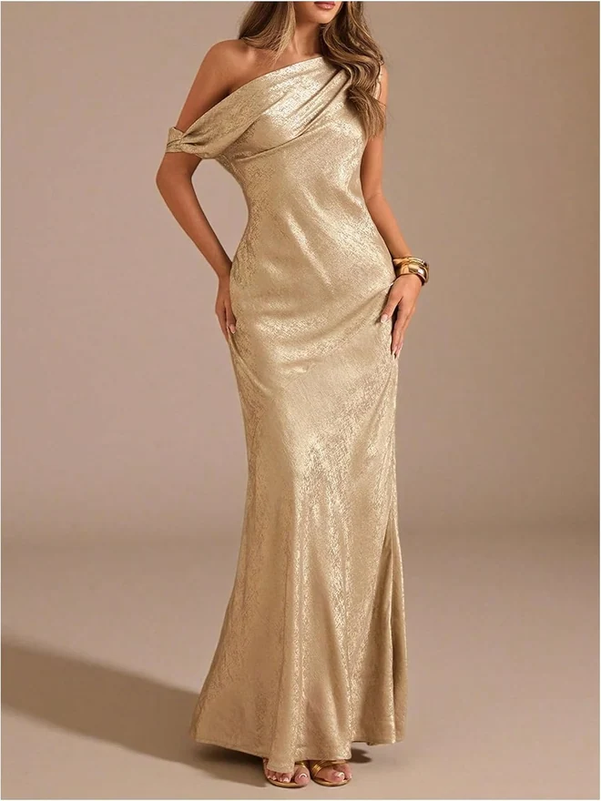 Metallic Off The Shoulder Bodycon Fishtail Maxi Dress by OYOANGLE