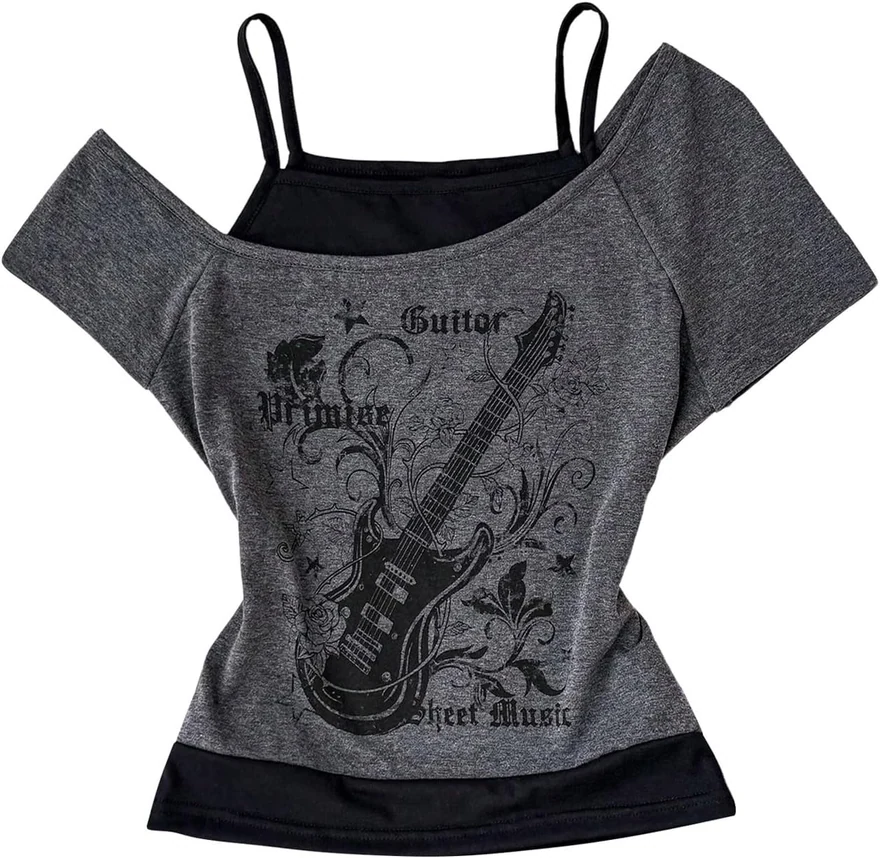 Girl's Vintage Emo Grunge Graphic Tops Y2K Off The Shoulder Tops by OYOANGLE