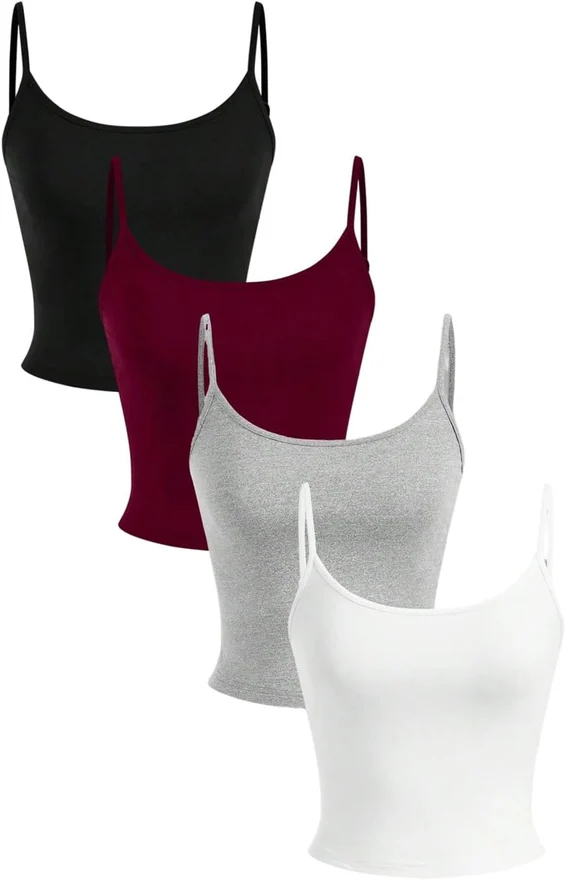 4 Pack Scoop Neck Cami Top Basic Solid Spaghetti Strap Fitted by OYOANGLE