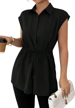 Button Down Shirt Short Sleeve Peplum Business Blouse in Black