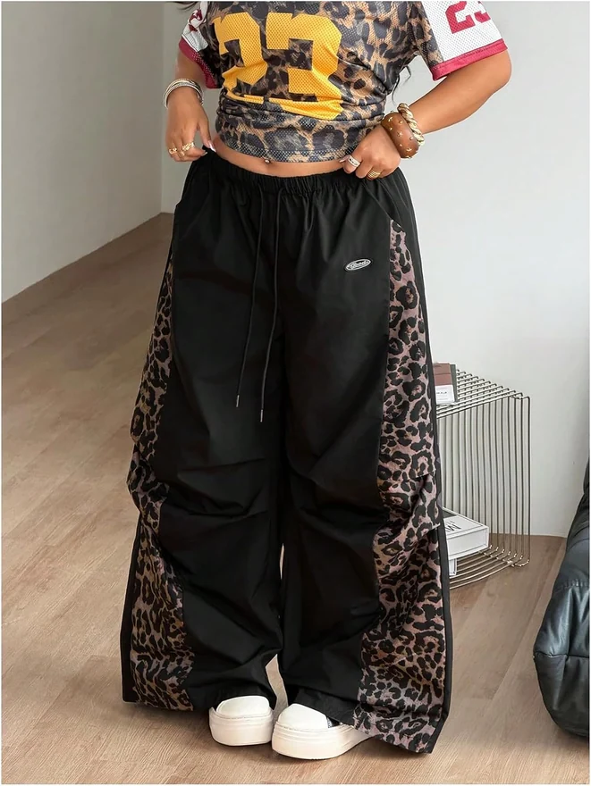 Plus Size Leopard Wide Leg Pants Drawstring Baggy Streetwear by OYOANGLE, photograph 3 of 3