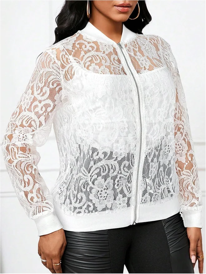Lace Sheer Long Sleeve Bomber Jackets by OYOANGLE, photograph 2 of 4