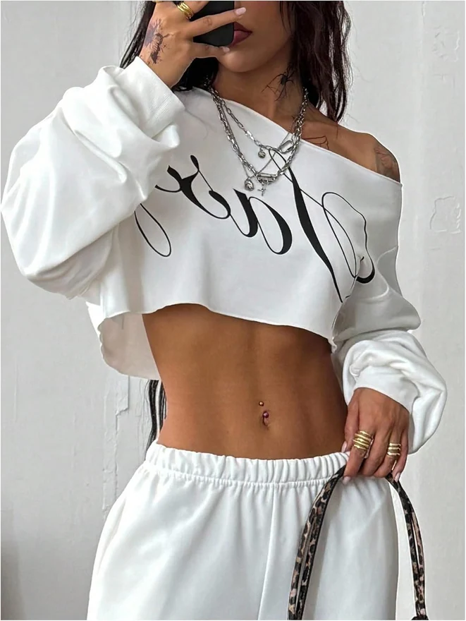 Y2K Letter Off The Shoulder Sweatshirt Oversized Crop Top by OYOANGLE, photograph 2 of 4