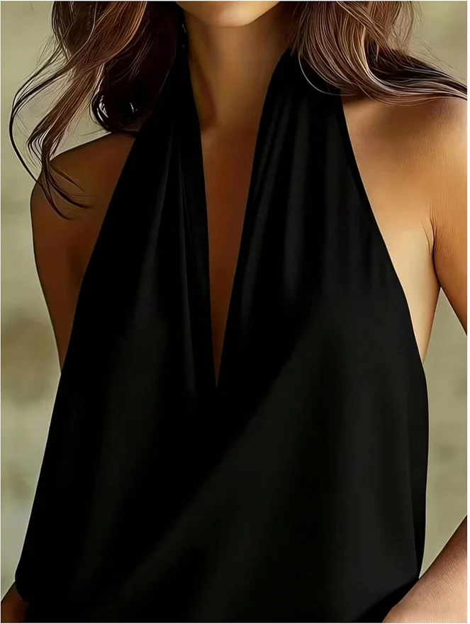 Sleeveless Cowl Neck Backless Dressy Halter Blouse Black by OYOANGLE, photograph 3 of 4