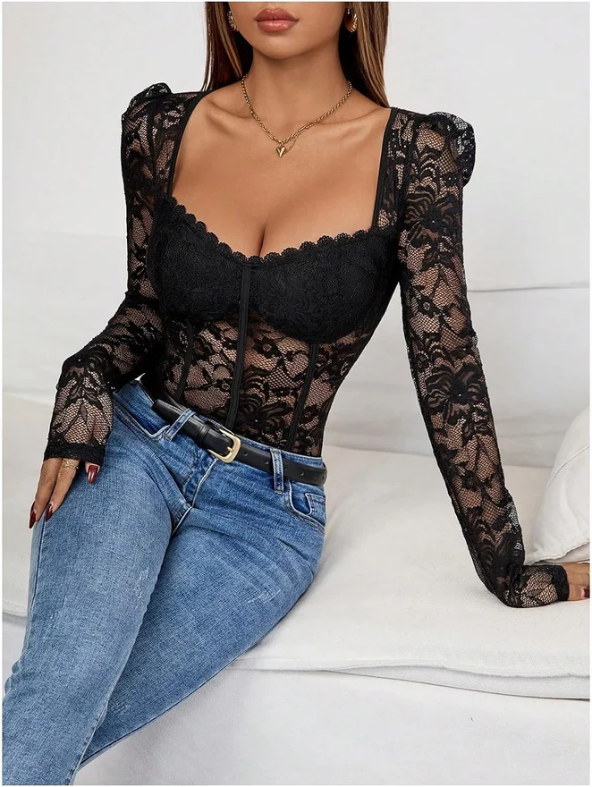 Floral Lace Long Sleeve V Neck Mesh Corset Bodysuit Leotar by OYOANGLE, photograph 4 of 4