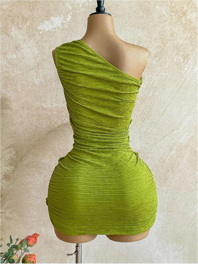 One Shoulder Braided Strap Bodycon Mini Dress Club Outfit by OYOANGLE