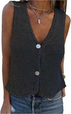 Button Up Crochet Sweater Vest Deep V Neck Sleeveless Knitwear in Black