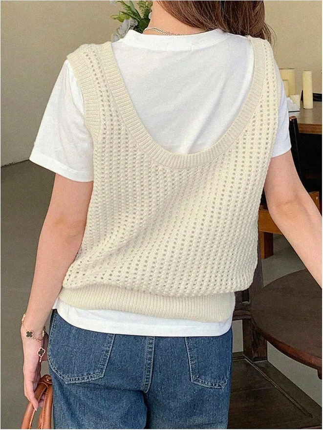 Hollow Out Pointelle Knit Sweater Vest Sleeveless Scoop Neck by OYOANGLE, photograph 3 of 4
