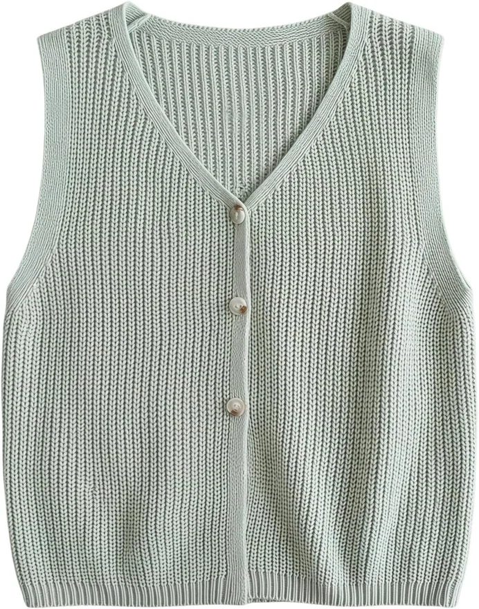 Button Down Sweater Vest Sleeveless V Neck Knit Tank Tops by OYOANGLE