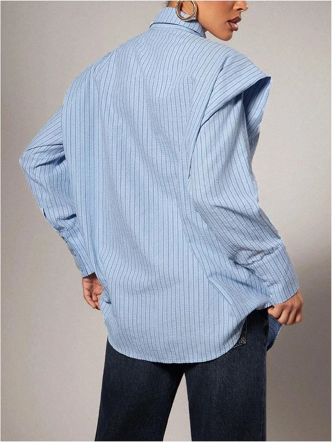 Striped Button Down Blouses Long Sleeve Oversized Shirts with by OYOANGLE, photograph 2 of 4