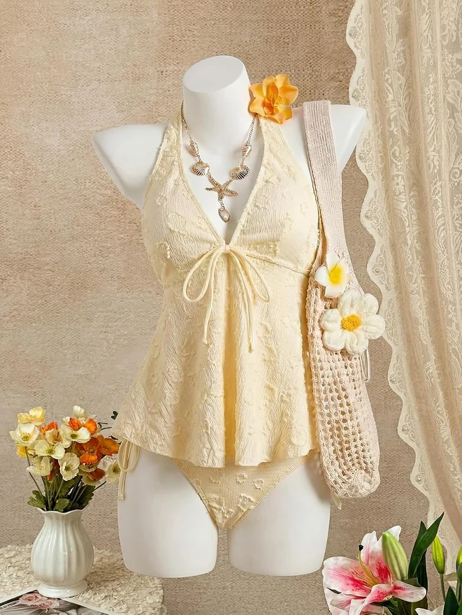 Tankini Swimsuits Textured Flowy Halter Bikini Set 2 Piece by OYOANGLE, photograph 4 of 4