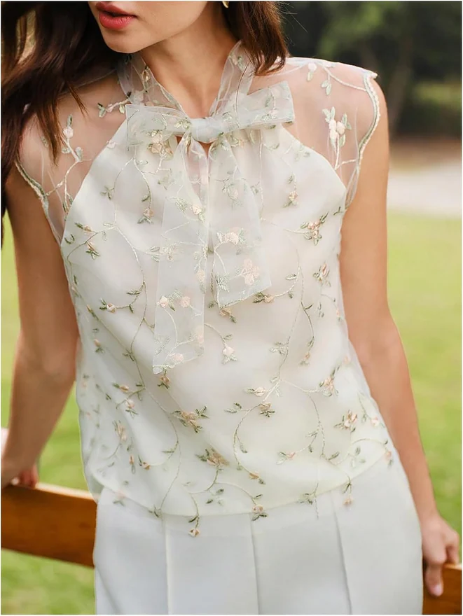Floral Embroidery Sheer Mesh Blouse Bow Tie Neck Tops by OYOANGLE, photograph 2 of 4