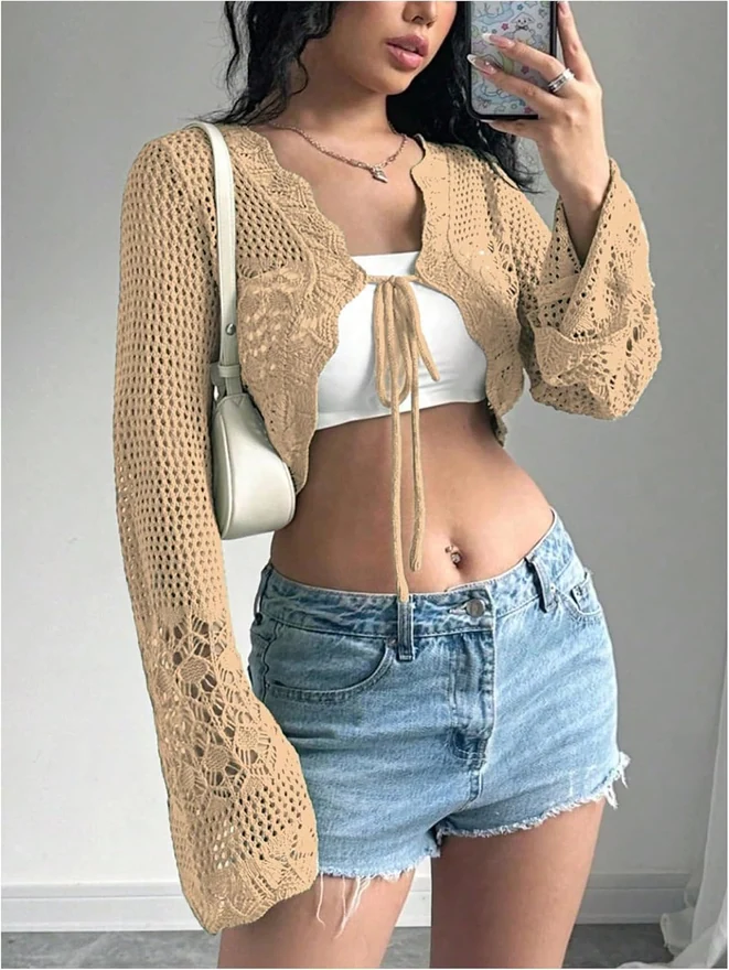 Crochet Tie Front Cardigan Sweater Bolero Shrug Khaki by OYOANGLE, photograph 2 of 3