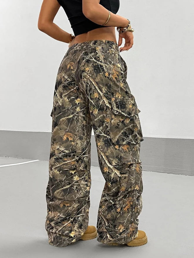 Camo Print Baggy Cargo Pants Elastic Waist Flap Pocket Straight by OYOANGLE