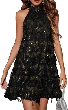 Sequin Sparkly Cocktail Club Party Summer Halter Mini Dress in Black and Gold