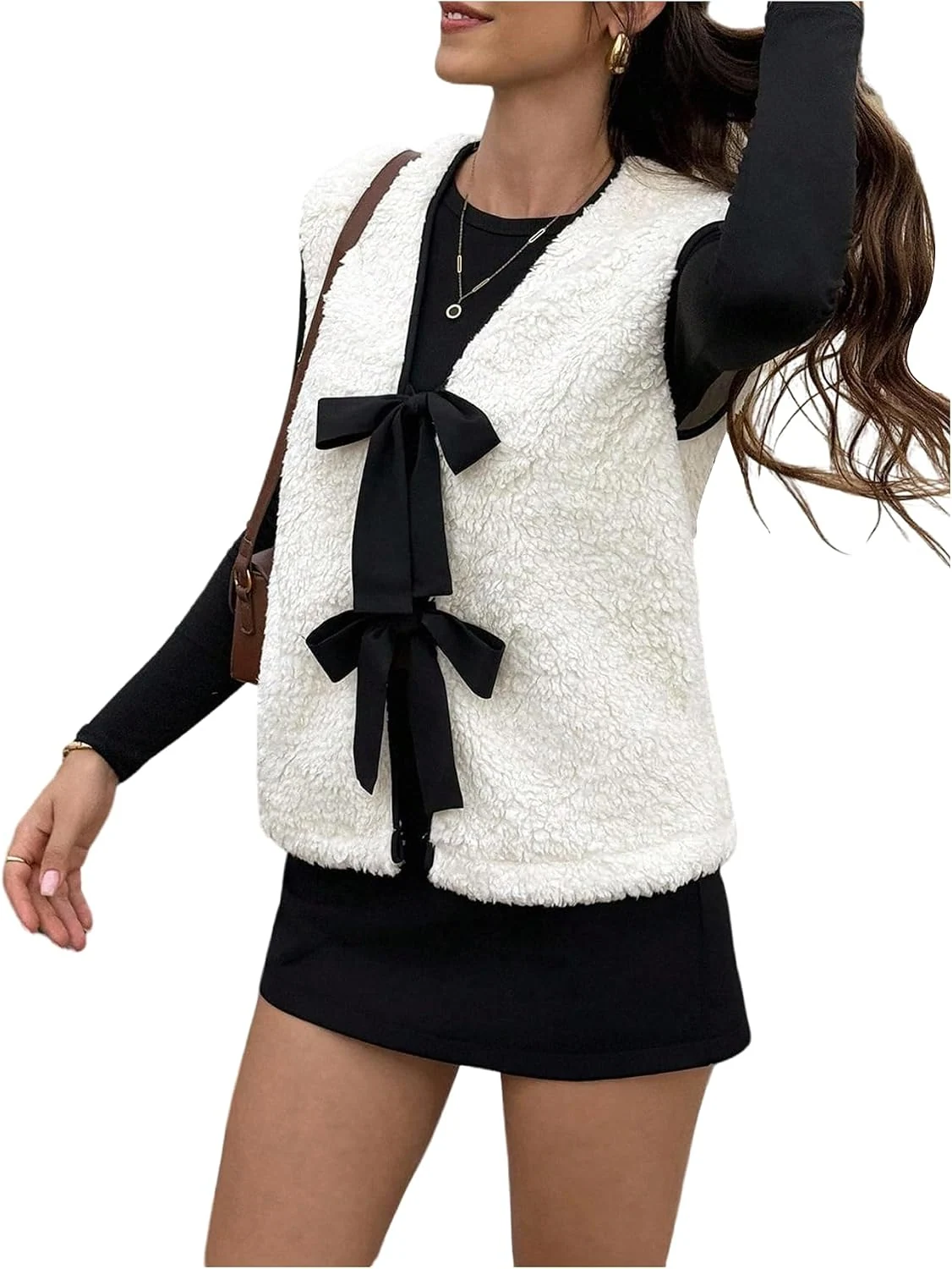 Bow Tie Front Fuzzy Vest V Neck Sleeveless Coat Fall Outfits by OYOANGLE, photograph 1 of 4