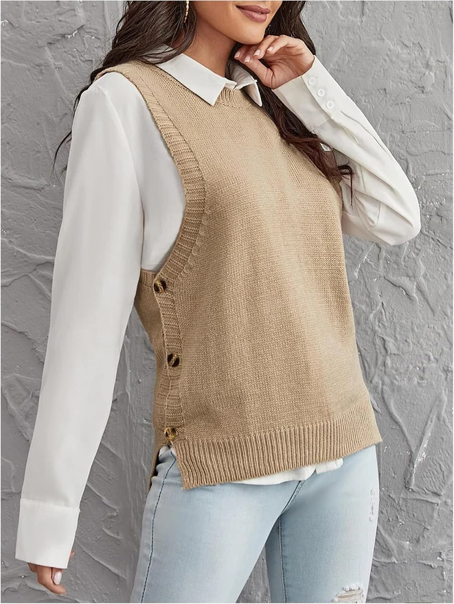 Button Side Sweater Vest Crew Neck Sleeveless Dressy Knitted by OYOANGLE, photograph 3 of 3