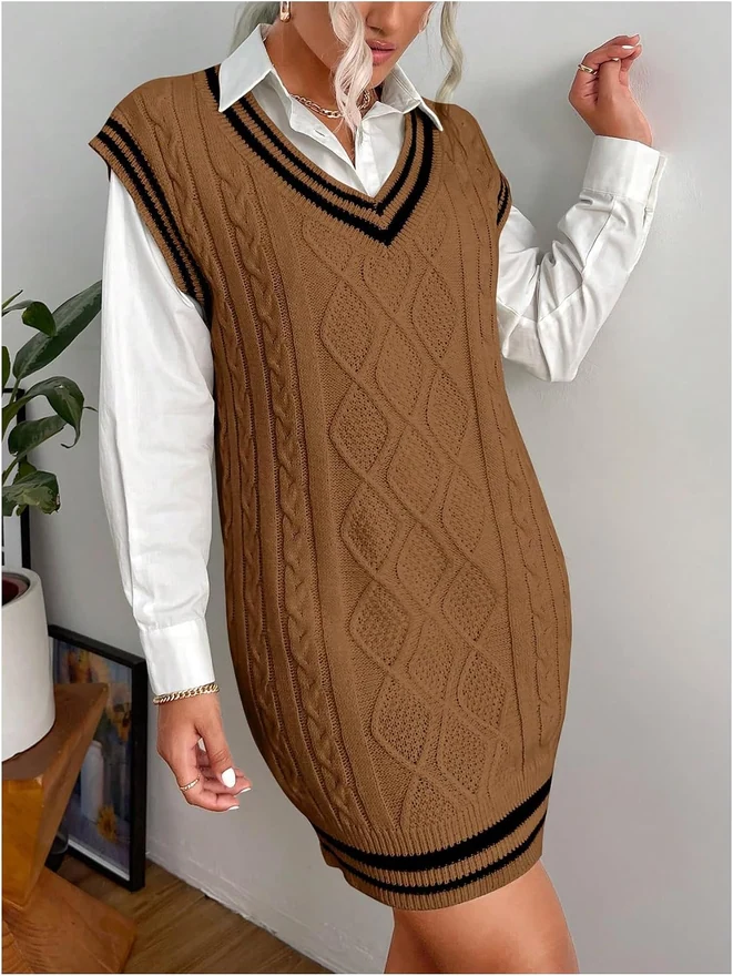 Striped Trim Cable Knit V Neck Sleeveless Sweater Dress by OYOANGLE, photograph 2 of 4